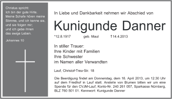 Traueranzeige von Kunigunde Danner von Pegnitz-Zeitung